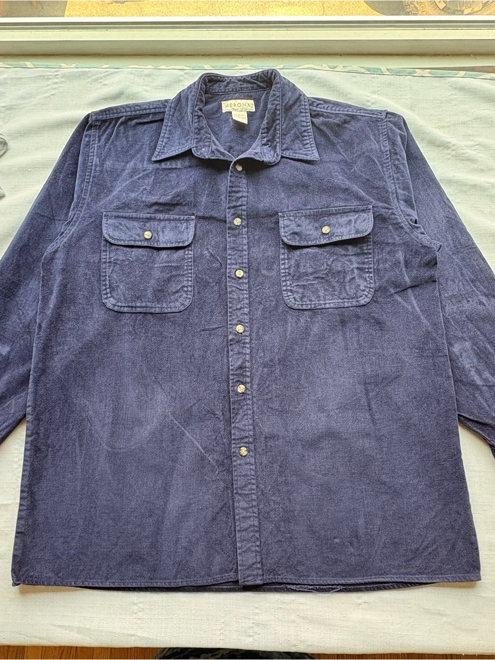 Merona Mens Large Blue 100% Cotton Button Up Shirt Long Sleeve Utility Pockets